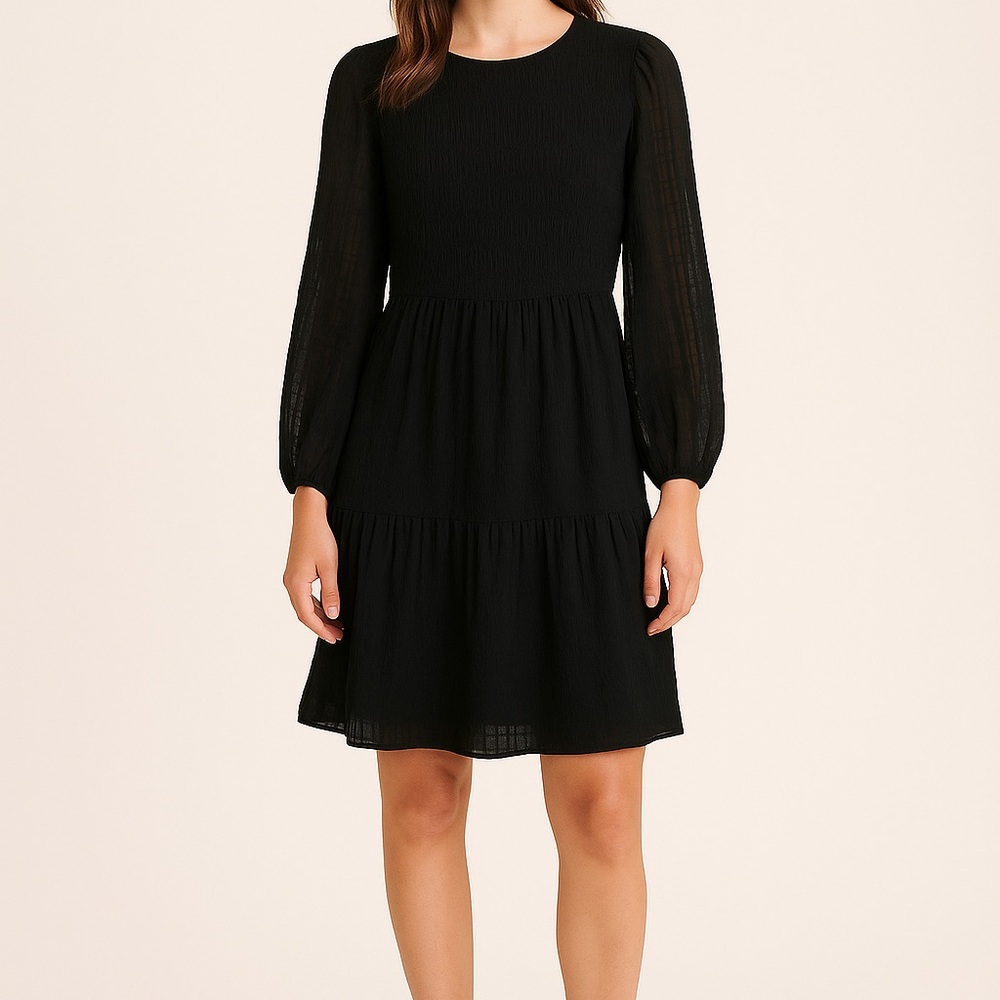 Madewell Smocked Bodice Tiered Black Dress Semi Sheer Boho Dark Academia 4